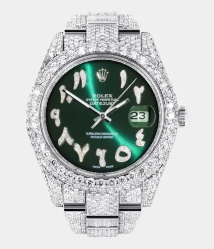 Diamond Iced Out Rolex Datejust 41 | 25 Carats Of Diamonds | Custom Green Arabic Numeral Diamond Dial | Two Row | Oyster Band Replik