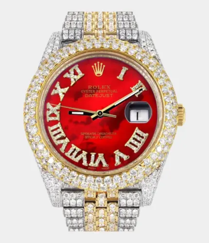 Diamond Iced Out Rolex Datejust 41 | 25 Carats Of Diamonds | Custom Red Mother of Pearl Roman Numeral Diamond Dial | Two Tone | Two Row | Jubilee Band Replik