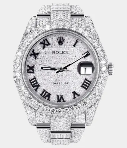 Diamond Iced Out Rolex Datejust 41 | 25 Carats Of Diamonds | Custom Roman Numeral Diamond Dial | Two Row | Oyster Band Replik