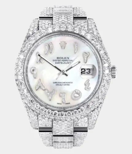 Diamond Iced Out Rolex Datejust 41 | 25 Carats Of Diamonds | Custom Mother of Pearl Arabic Numeral Diamond Dial | Two Row | Oyster Band Replik