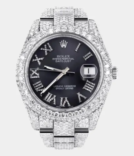 Diamond Iced Out Rolex Datejust 41 | 25 Carats Of Diamonds | Custom Grey Roman Numeral Diamond Dial | Two Row | Oyster Band Replik