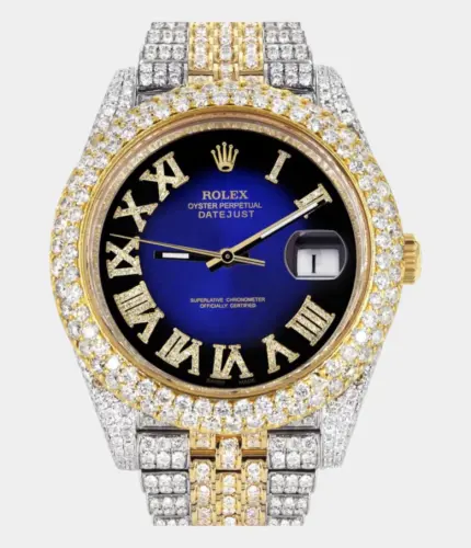 Diamond Iced Out Rolex Datejust 41 | 25 Carats Of Diamonds | Custom Blue Black Roman Numeral Diamond Dial | Two Tone | Two Row | Jubilee Band Replik