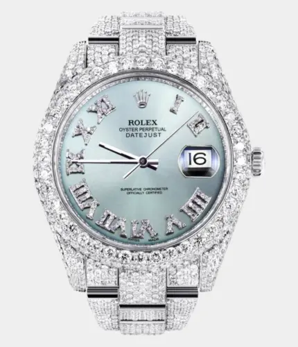 Diamond Iced Out Rolex Datejust 41 | 25 Carats Of Diamonds | Custom Teal Roman Diamond Dial | Two Row | Oyster Band Replik