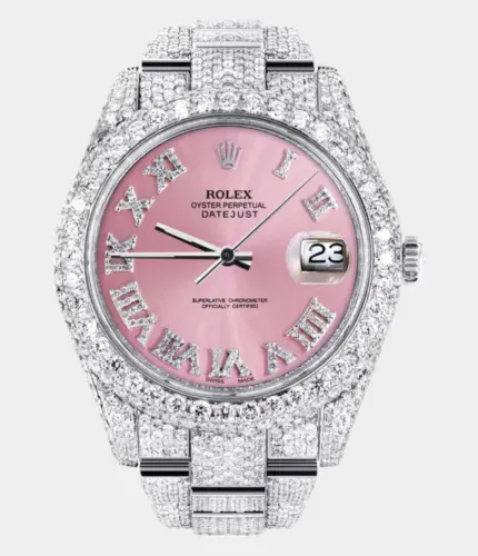 Diamond Iced Out Rolex Datejust 41 | 25 Carats Of Diamonds | Custom Pink Roman Numeral Diamond Dial | Two Row | Oyster Band Replik
