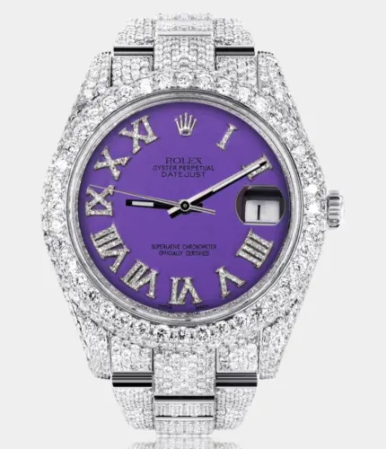Diamond Iced Out Rolex Datejust 41 | 25 Carats Of Diamonds | Custom Purple Roman Numeral Diamond Dial | Two Row | Oyster Band Replik