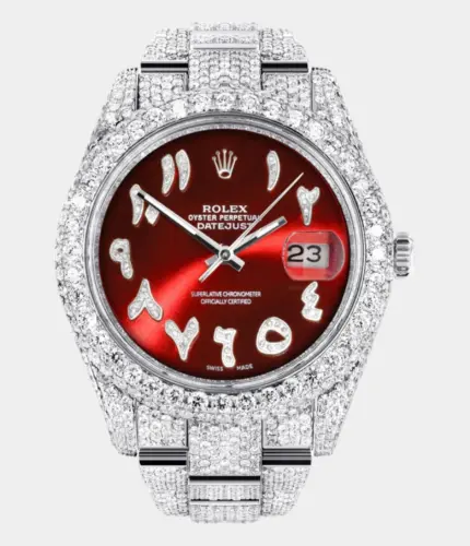 Diamond Iced Out Rolex Datejust 41 | 25 Carats Of Diamonds | Custom Red Arabic Numeral Diamond Dial | Two Row | Oyster Band Replik