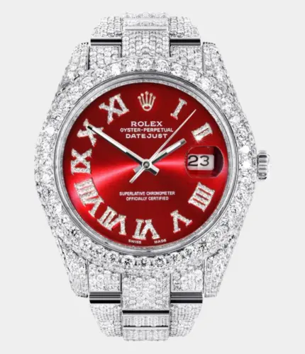Diamond Iced Out Rolex Datejust 41 | 25 Carats Of Diamonds | Custom Red Roman Numeral Diamond Dial | Two Row | Oyster Band Replik