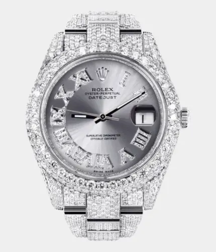 Diamond Iced Out Rolex Datejust 41 | 25 Carats Of Diamonds | Custom Silver Roman Numeral Diamond Dial | Two Row | Oyster Band Replik