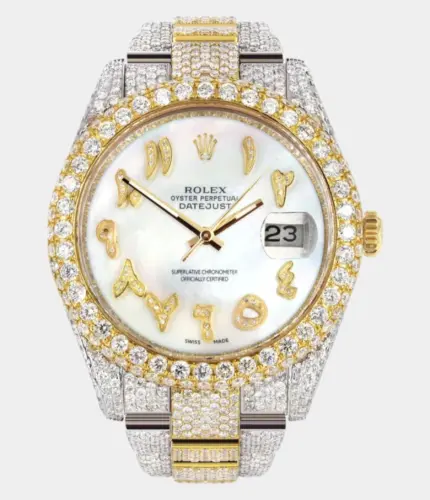 Diamond Iced Out Rolex Datejust 41 | 25 Carats Of Diamonds | Custom Mother of Pearl Arabic Numeral Diamond Dial | Two Tone | Two Row | Oyster Band Replik