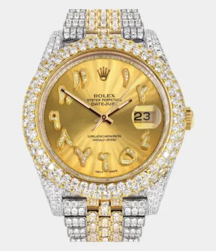 Diamond Iced Out Rolex Datejust 41 | 25 Carats Of Diamonds | Custom Gold Arabic Numeral Diamond Dial | Two Tone | Two Row | Jubilee Band Replik