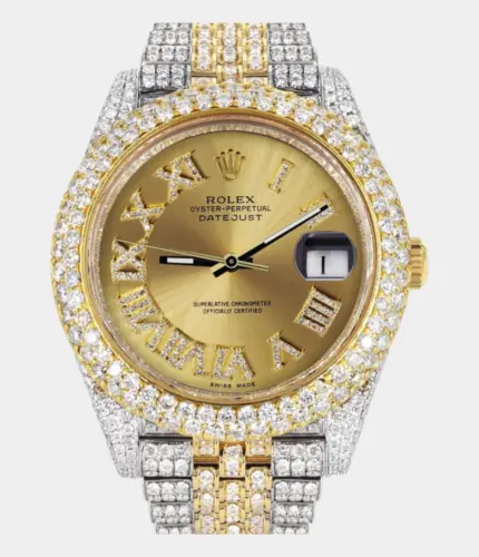 Diamond Iced Out Rolex Datejust 41 | 25 Carats Of Diamonds | Custom Gold Roman Numeral Diamond Dial | Two Tone | Two Row | Jubilee Band Replik