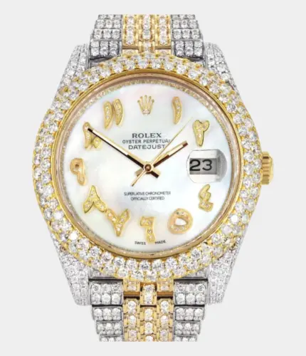 Diamond Iced Out Rolex Datejust 41 | 25 Carats Of Diamonds | Custom Mother of Pearl Arabic Numeral Diamond Dial | Two Tone | Two Row | Jubilee Band Replik