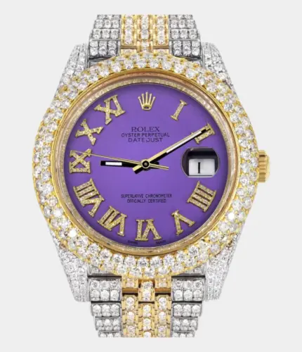 Diamond Iced Out Rolex Datejust 41 | 25 Carats Of Diamonds | Custom Purple Roman Numeral Diamond Dial | Two Tone | Two Row | Jubilee Band Replik