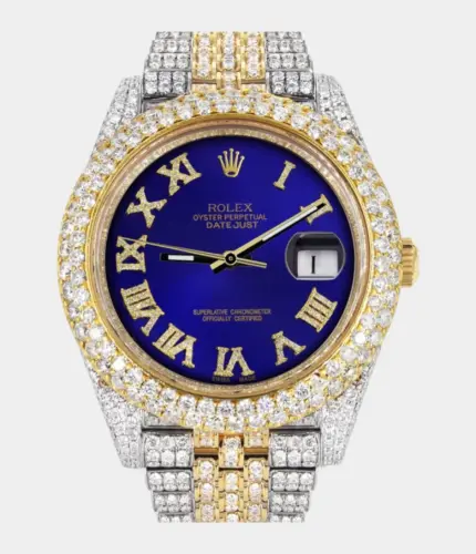Diamond Iced Out Rolex Datejust 41 | 25 Carats Of Diamonds | Custom Royal Blue Roman Numeral Diamond Dial | Two Tone | Two Row | Jubilee Band Replik