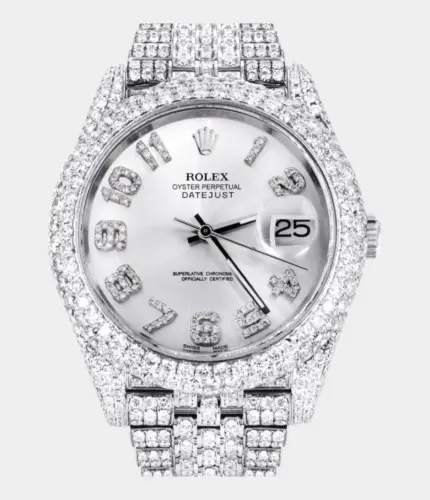 Diamond Iced Out Rolex Datejust 41 | 25 Carats Of Diamonds | Custom Silver Diamond Dial | Two Row | Jubilee Band Replik