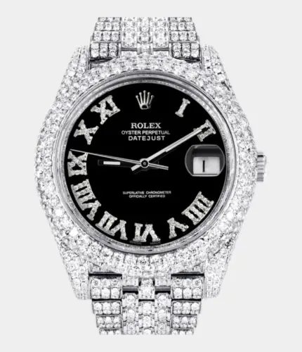 Diamond Iced Out Rolex Datejust 41 | 25 Carats Of Diamonds | Custom Black Roman Numeral Diamond Dial | Two Row | Jubilee Band Replik