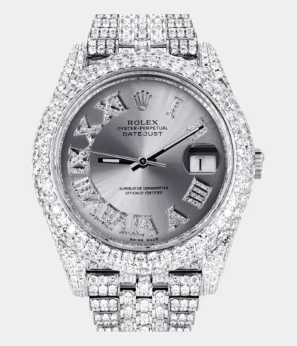 Diamond Iced Out Rolex Datejust 41 | 25 Carats Of Diamonds | Custom Silver Roman Numeral Diamond Dial | Two Row | Jubilee Band Replik