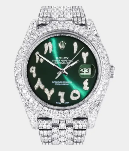 Diamond Iced Out Rolex Datejust 41 | 25 Carats Of Diamonds | Custom Green Arabic Numeral Diamond Dial | Two Row | Jubilee Band Replik