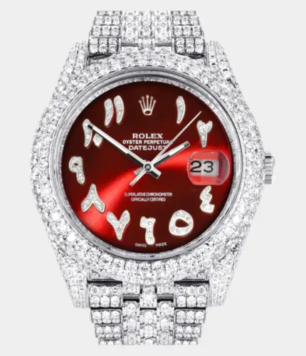 Diamond Iced Out Rolex Datejust 41 | 25 Carats Of Diamonds | Custom Red Arabic Numeral Diamond Dial | Two Row | Jubilee Band Replik