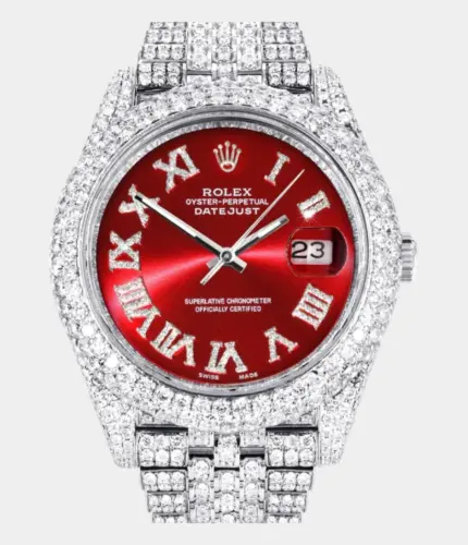 Diamond Iced Out Rolex Datejust 41 | 25 Carats Of Diamonds | Custom Red Roman Numeral Diamond Dial | Two Row | Jubilee Band Replik