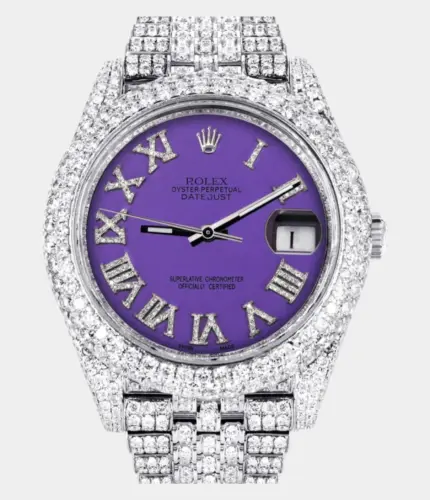 Diamond Iced Out Rolex Datejust 41 | 25 Carats Of Diamonds | Custom Purple Roman Numeral Diamond Dial | Two Row | Jubilee Band Replik