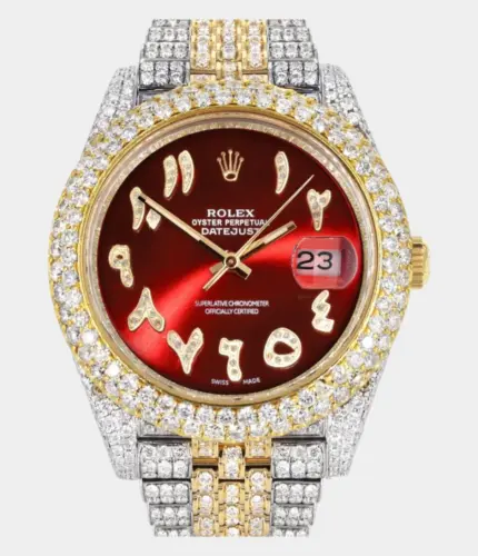 Diamond Iced Out Rolex Datejust 41 | 25 Carats Of Diamonds | Custom Red Arabic Numeral Diamond Dial | Two Tone | Two Row | Jubilee Band Replik