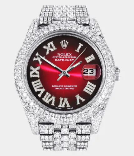 Diamond Iced Out Rolex Datejust 41 | 25 Carats Of Diamonds | Custom Red Black Roman Numeral Dial | Two Row | Jubilee Band Replik