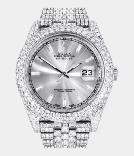 Diamond Iced Out Rolex Datejust 41 | 25 Carats Of Diamonds | Custom Silver Diamond Dial | Two Row | Jubilee Band Replik