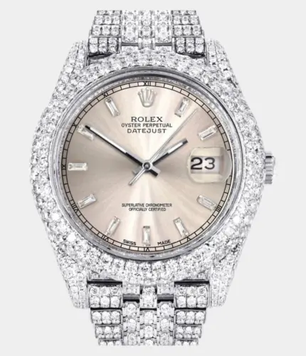 Diamond Iced Out Rolex Datejust 41 | 25 Carats Of Diamonds | Dawn Pink Diamond Dial | Two Row | Jubilee Band Replik