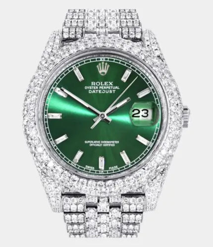 Diamond Iced Out Rolex Datejust 41 | 25 Carats Of Diamonds | Custom Green Diamond Dial | Two Row | Jubilee Band Replik
