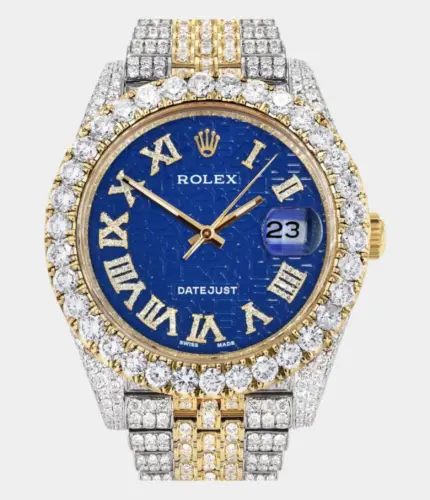 Diamond Iced Out Rolex Datejust 41 | 25 Carats Of Diamonds | Custom Blue Text Pattern Dial | Two Tone | Jubilee Band Replik