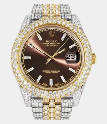 Diamond Iced Out Rolex Datejust 41 | 25 Carats Of Diamonds | Custom Morocco Brown Dial | Two Tone | Two Row | Jubilee Band Replik