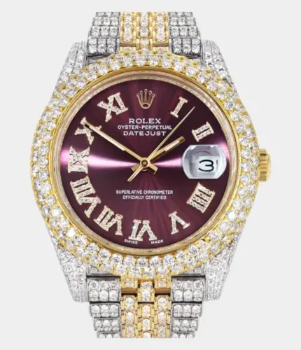 Diamond Iced Out Rolex Datejust 41 | 25 Carats Of Diamonds | Purple Dial | Two Tone | Two Row | Jubilee Band Replik