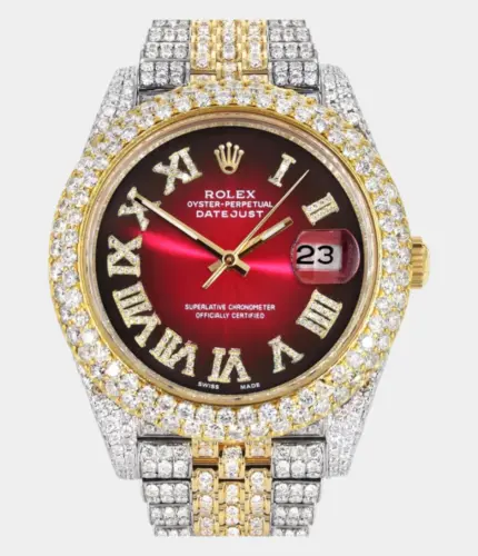 Diamond Iced Out Rolex Datejust 41 | 25 Carats Of Diamonds | Red Black Dial | Two Tone | Two Row | Jubilee Band Replik