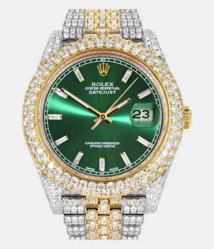 Diamond Iced Out Rolex Datejust 41 | 25 Carats Of Diamonds | Custom Green Diamond Dial | Two Tone | Two Row | Jubilee Band Replik