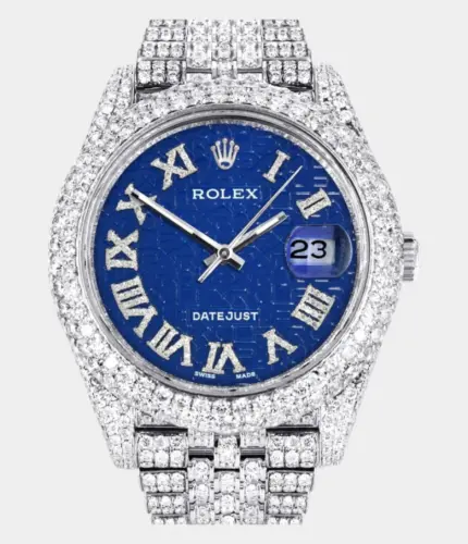 Diamond Iced Out Rolex Datejust 41 | 25 Carats Of Diamonds | Custom Blue Text Pattern Dial | Two Row | Jubilee Band Replik