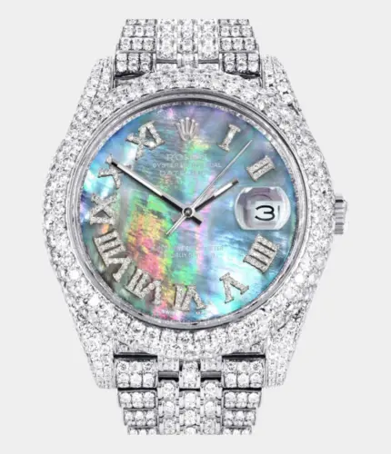 Diamond Iced Out Rolex Datejust 41 | 25 Carats Of Diamonds | Abalone Mother Of Pearl Dial | Two Row | Jubilee Band Replik