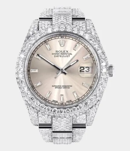 Diamond Iced Out Rolex Datejust 41 | 25 Carats Of Diamonds | Custom Dawn Pink Dial | Two Row | Oyster Band Replik
