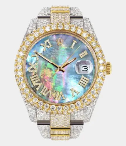 Diamond Iced Out Rolex Datejust 41 | 25 Carats Of Diamonds | Abalone Mother Of Pearl Dial | Two Tone | Two Row | Oyster Band Replik