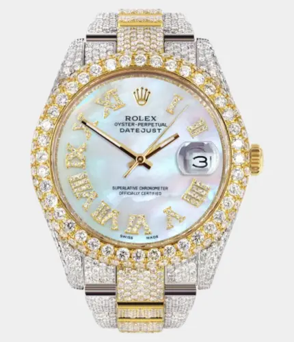 Diamond Iced Out Rolex Datejust 41 | 25 Carats Of Diamonds | Mother of Pearl Roman Numeral Dial | Two Tone | Two Row | Oyster Band Replik