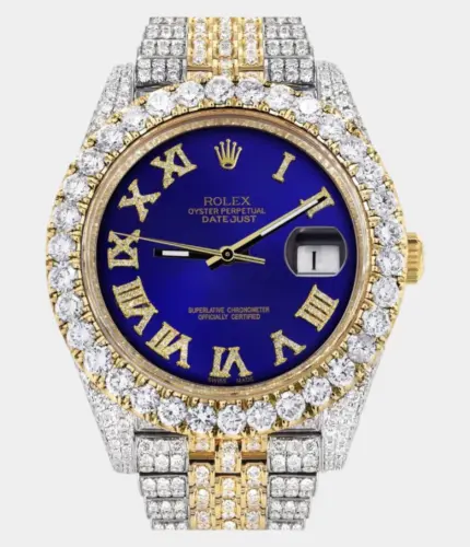 Diamond Iced Out Rolex Datejust 41 | 25 Carats Of Diamonds | Custom Royal Blue Roman Numeral Diamond Dial | Two Tone | Jubilee Band Replik