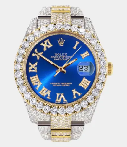 Diamond Iced Out Rolex Datejust 41 | 25 Carats Of Diamonds | Custom Blue Roman Numeral Diamond Dial | Two Tone | Oyster Band Replik