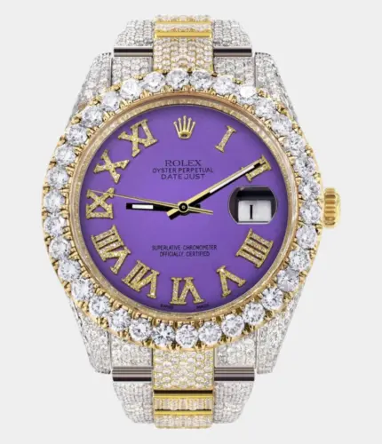 Diamond Iced Out Rolex Datejust 41 | 25 Carats Of Diamonds | Custom Purple Roman Numeral Diamond Dial | Two Tone | Oyster Band Replik