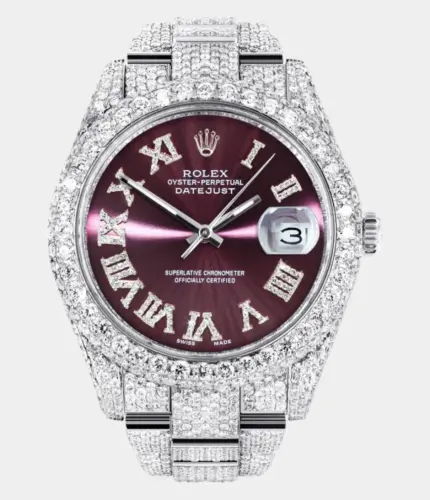 Diamond Iced Out Rolex Datejust 41 | 25 Carats Of Diamonds | Purple Roman Numeral Dial | Two Row | Oyster Band Replik