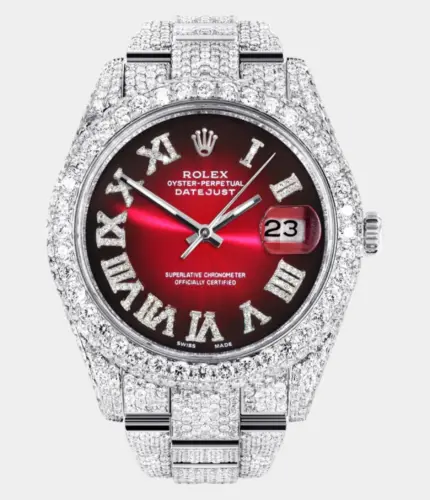 Diamond Iced Out Rolex Datejust 41 | 25 Carats Of Diamonds | Red Black Roman Numeral Dial | Two Row | Oyster Band Replik