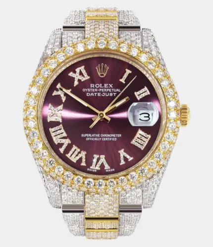 Diamond Iced Out Rolex Datejust 41 | 25 Carats Of Diamonds | Purple Roman Numeral Dial | Two Tone | Two Row | Oyster Band Replik