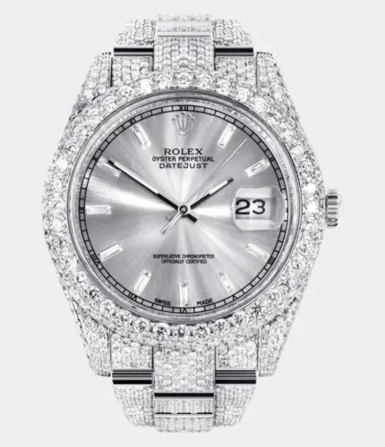 Diamond Iced Out Rolex Datejust 41 | 25 Carats Of Diamonds | Custom Silver Diamond Dial | Two Row | Oyster Band Replik