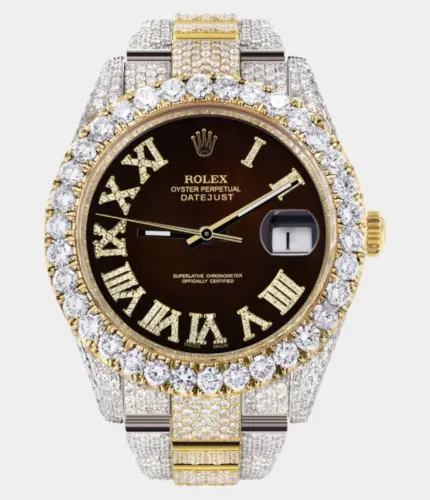 Diamond Iced Out Rolex Datejust 41 | 25 Carats Of Diamonds | Custom Dark Brown Roman Numeral Diamond Dial | Two Tone | Oyster Band Replik