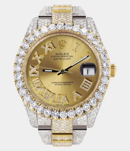 Diamond Iced Out Rolex Datejust 41 | 25 Carats Of Diamonds | Custom Gold Roman Numeral Diamond Dial | Two Tone | Oyster Band Replik