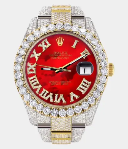 Diamond Iced Out Rolex Datejust 41 | 25 Carats Of Diamonds | Custom Red Mother of Pearl Roman Numeral Diamond Dial | Two Tone | Oyster Band Replik